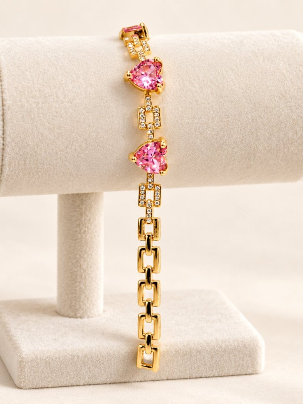 Pink Heart Crystal & Gold-Tone Link Bracelet
